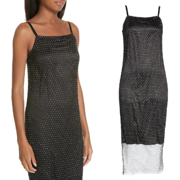 Opening Ceremony Slip Dress Black Satin Fishnet Rhinestone Embellished Sz 2 - Picture 2 of 12